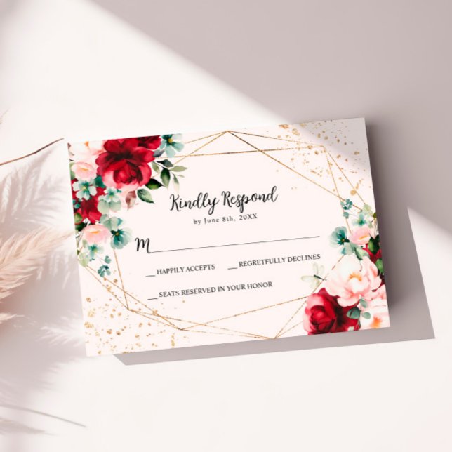 Rote Rose & Gold Watercolor Wedding RSVP Card (Von Creator hochgeladen)