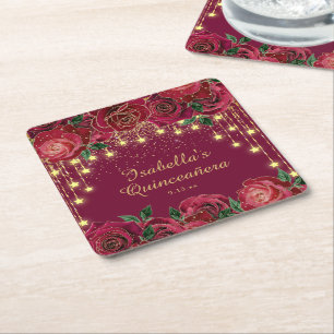 Rote Rose Goldene Lichterkette Sterne Quinceañera  Rechteckiger Pappuntersetzer