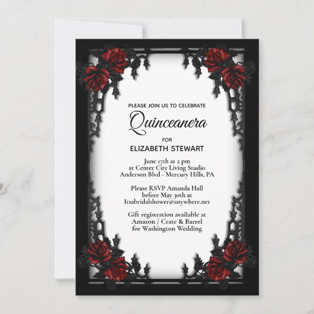 Rote Rose Gothic Quinceanera Iron Gate White Einladung (Vorderseite)