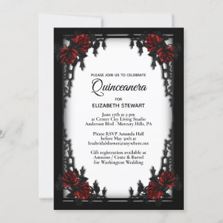 Rote Rose Gothic Quinceanera Iron Gate White Einladung