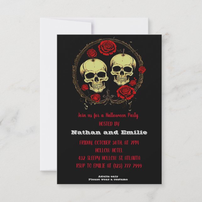 Rote Rose Gothic Skull Halloween-Party Einladung (Vorderseite)