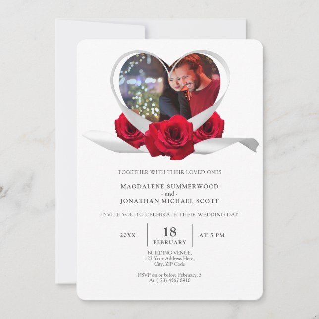 Rote Rose Herz mit Foto Romantisches Weißes Band Einladung (Vorderseite)