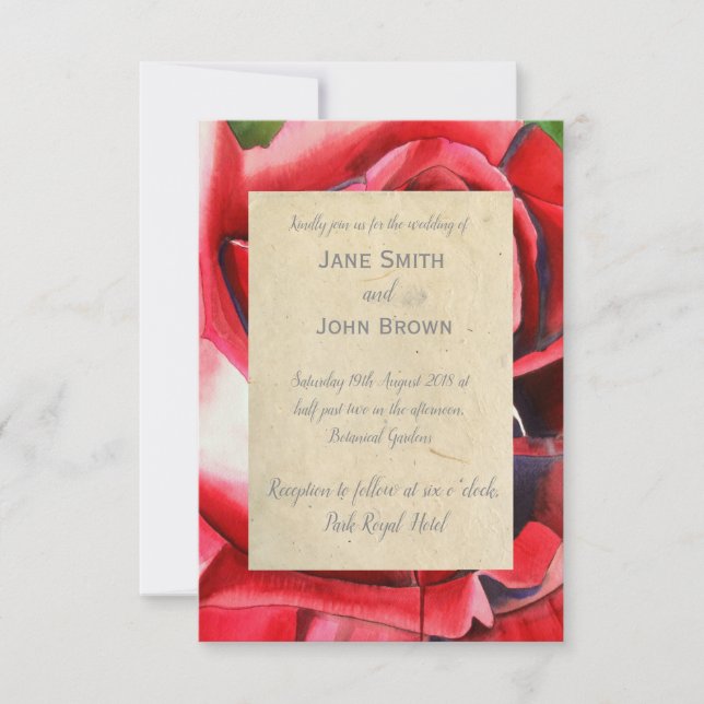 Rote Rose Hochzeit Aquarellkunst rustikal Einladung (Vorderseite)