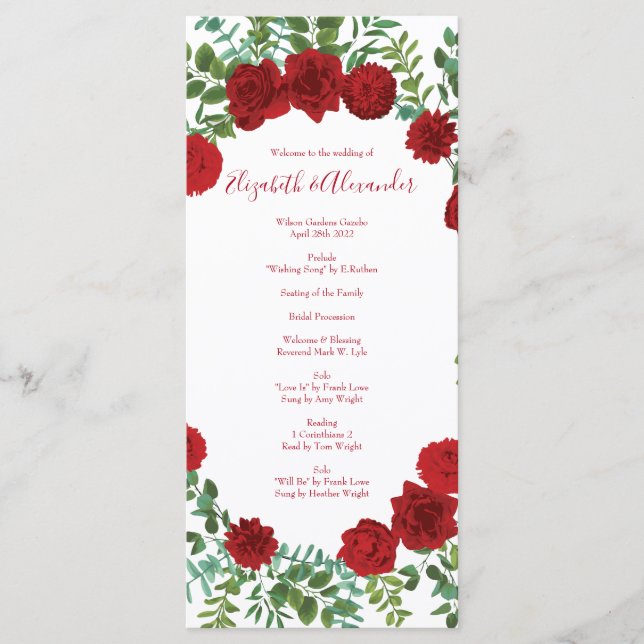 Rote Rose Hochzeit Menükarte (Vorderseite)