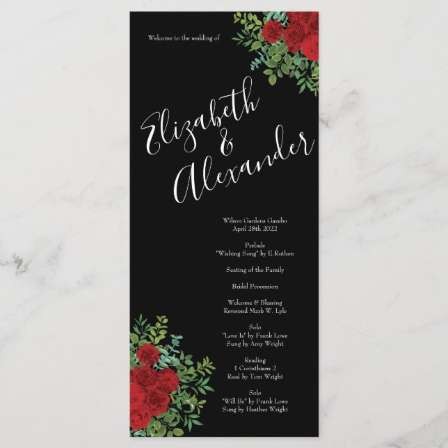 Rote Rose Hochzeit Menükarte (Vorderseite)