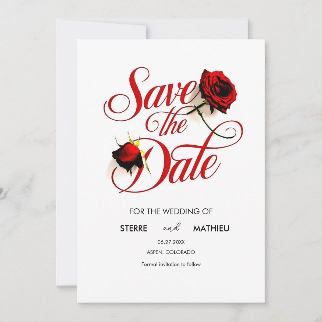 Rote Rose-Hochzeit mit Blumenchic Save The Date (Vorderseite)