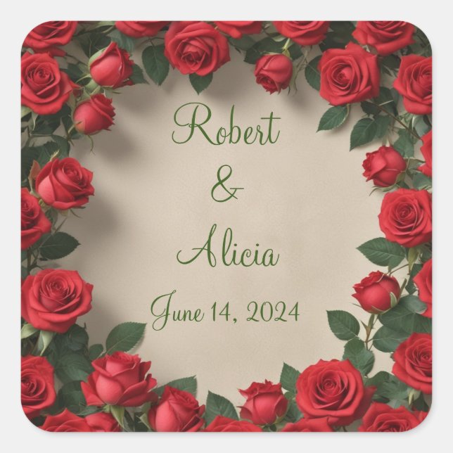 Rote Rose Hochzeit Quadratischer Aufkleber (Vorderseite)