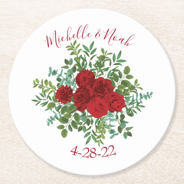 Rote Rose Hochzeit Runder Pappuntersetzer (Vorderseite)