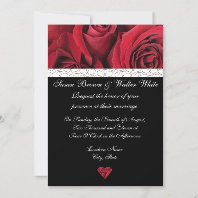 Rote Rose Hochzeitseinladung mit grauen Herzen Einladung (Vorderseite)