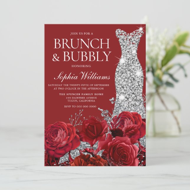 Rote Rose Hochzeitskleid Brunch Bubbly Brautparty Einladung (Stehend Vorderseite)
