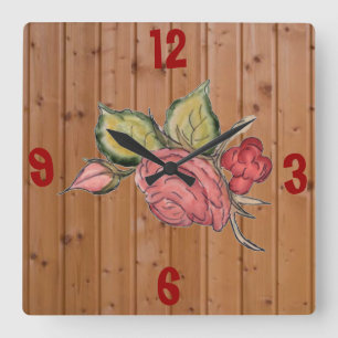 Rote Rose im Holzgeschoss Quadratische Wanduhr