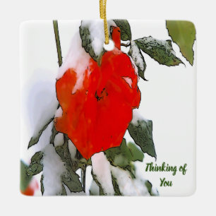 Rote Rose im Schnee Keramikornament
