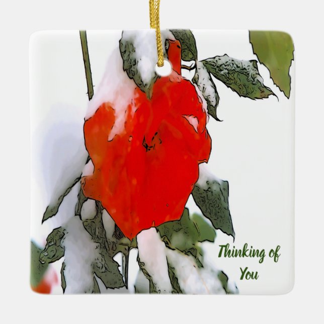 Rote Rose im Schnee Keramikornament (Vorderseite)