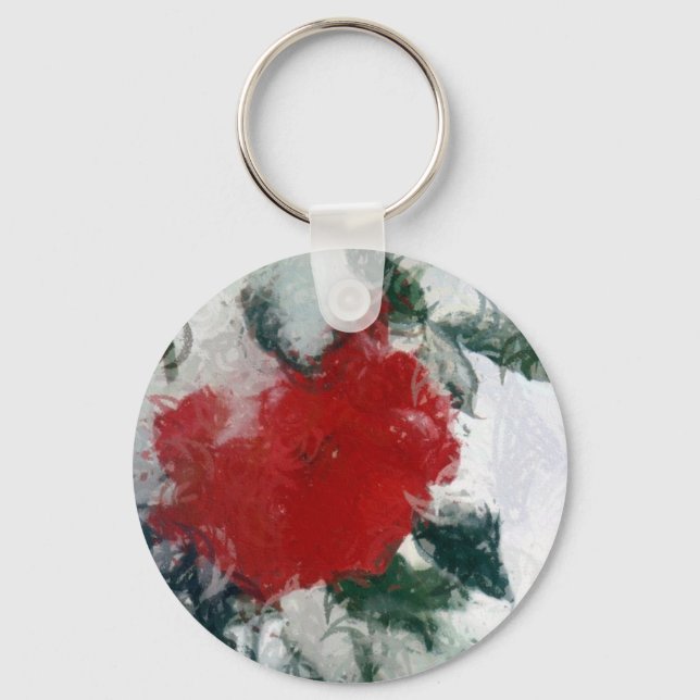 Rote Rose im Schnee Schlüsselanhänger (Vorderseite)