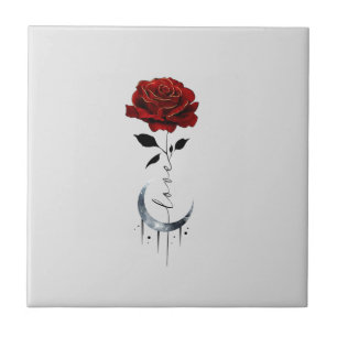 Rote Rose im Tattoo-Stil und Mondmond im Crescent- Fliese
