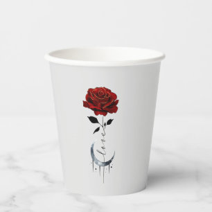 Rote Rose im Tattoo-Stil und Mondmond im Crescent- Pappbecher