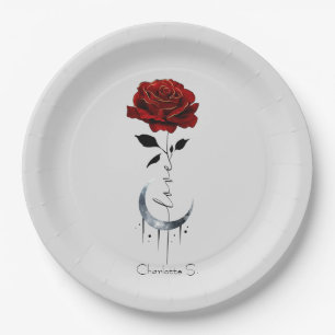 Rote Rose im Tattoo-Stil und Mondmond im Crescent- Pappteller