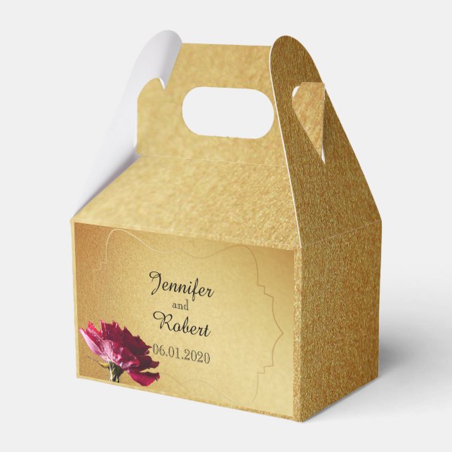 Rote Rose in der Gold-Gastgeschenk Hochzeit-Box Geschenkschachtel (Vorderseite)