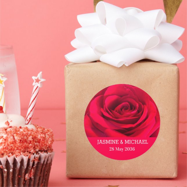 Rote Rose Individuelle Name Blumenhochzeit, Verlob Runder Aufkleber (Party)