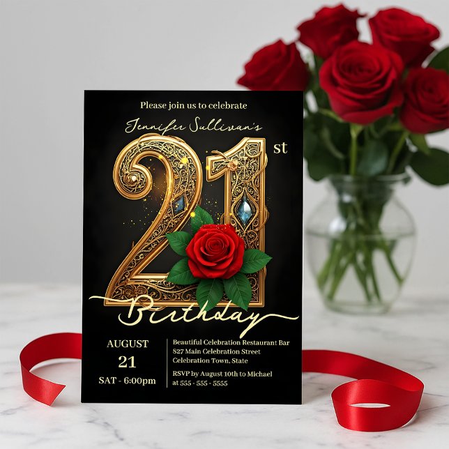 Rote Rose Jewel Accents Filigree Gold 21. Geburtst Einladung (Von Creator hochgeladen)