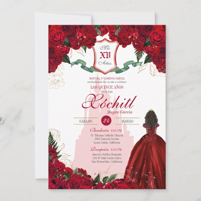 Rote Rose Königliche Prinzessin Elegante Quinceane Einladung (Vorderseite)