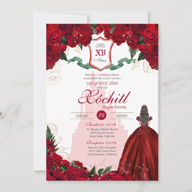 Rote Rose Königliche Prinzessin Elegante Quinceane Einladung (Vorderseite)