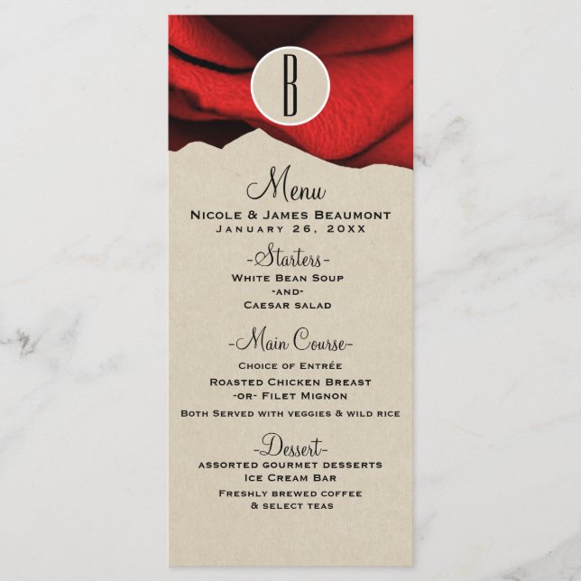 Rote Rose Kraft Rustic Glam Elegantes Hochzeitsmen Menükarte (Vorderseite)