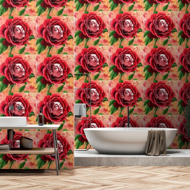 Rote Rose Kunstmalerei Tapete (Badezimmer)