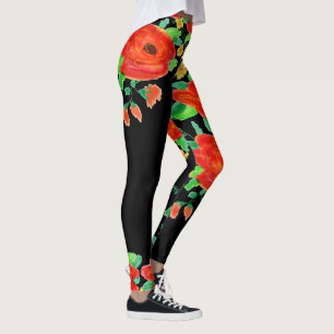 Rote Rose Leggings auf schwarz