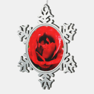 Rote Rose Liebe Schneeflocken Zinn-Ornament