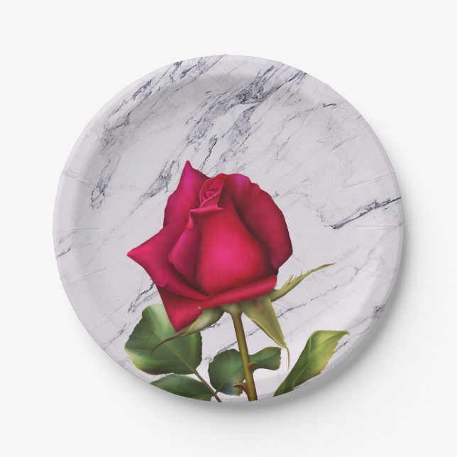 Rote Rose Marble Modernes Glam Brautparty Party Pappteller (Vorderseite)