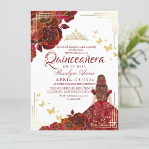 Rote Rose Maroon Gold Butterfly Quinceañera Einladung