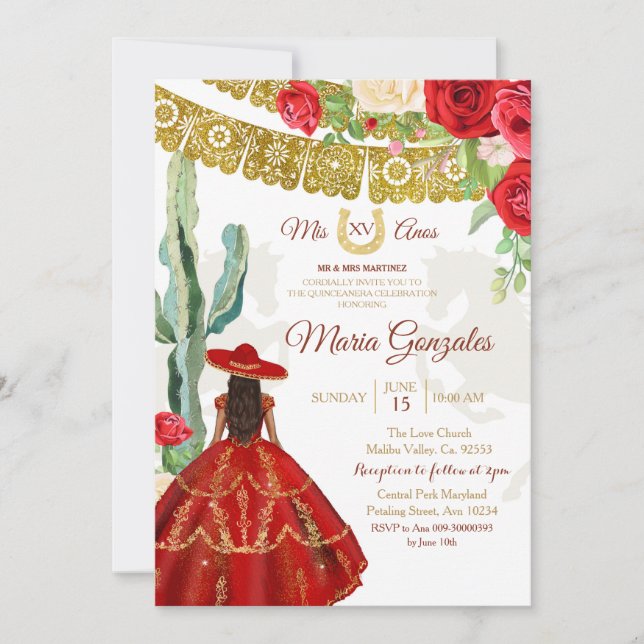 Rote Rose Mexikanische Prinzessin Quinceañera Einl Einladung (Vorderseite)