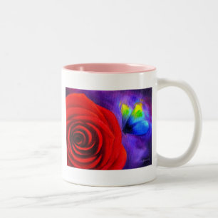 Rote Rose mit der Schmetterlings-Malerei-Kunst - Zweifarbige Tasse