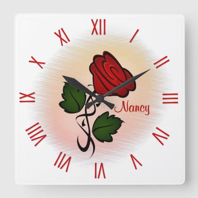 Rote Rose mit Namen römische Zahlen Quadratische Wanduhr (Vorderseite)