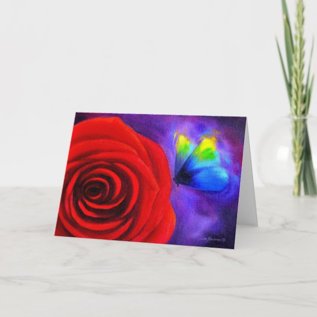 Rote Rose mit Schmetterlingsmalerei - Multimedia Karte (Vorderseite)