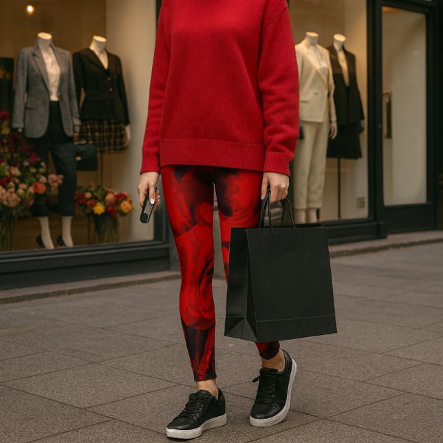 Rote Rose mit Schwarz-Print-Leggings Leggings (Bold red rose leggings meet luxe red cashmere city chic with keys in hand and style in stride.)