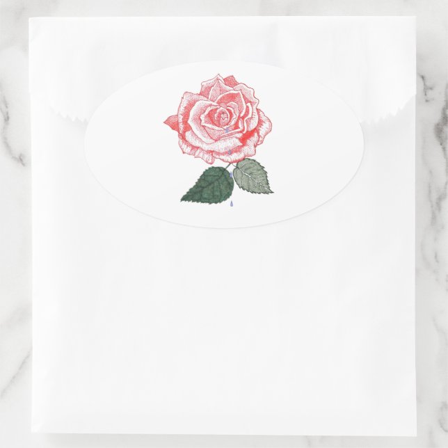 Rote Rose mit Taubtropfen von Petalen Ovaler Aufkleber (Tasche)
