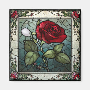 Rote Rose mit Weinrebenrand 2 Buntglas-Look Magnet