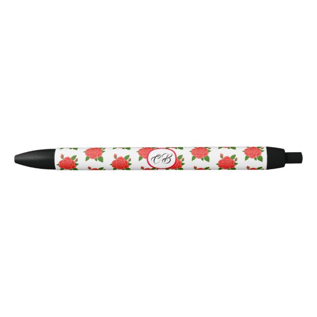 Rote Rose Monogramm Schwarzer Tinten Pen Kugelschreiber (Vorderseite)