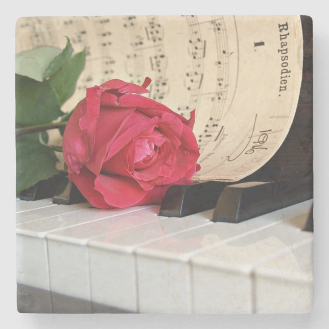 Rote Rose Music Sheet und Piano Steinuntersetzer (Vorderseite)