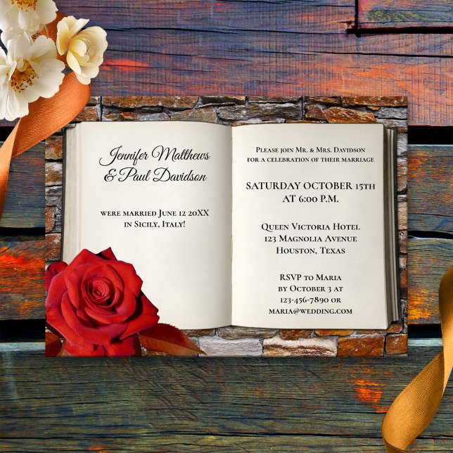 Rote Rose nach Hochzeit nur buchen Einladung (A romantic post wedding party invitation featuring a book and red rose on a brick background)