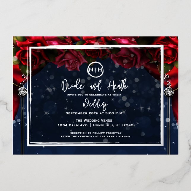 Rote Rose Navy Blue Sparkle Glam Wedding Silver Folieneinladung (Vorderseite)