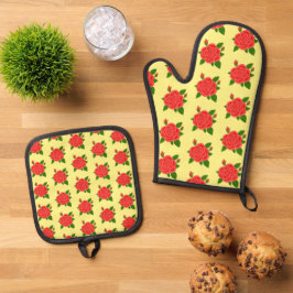 Rote Rose Ofenhandschuh & Topflappen-Set