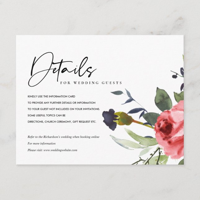ROTE ROSE PEONY EUCALYPTUS FLORAL WEDDING DETAILS BEGLEITKARTE (Vorderseite)