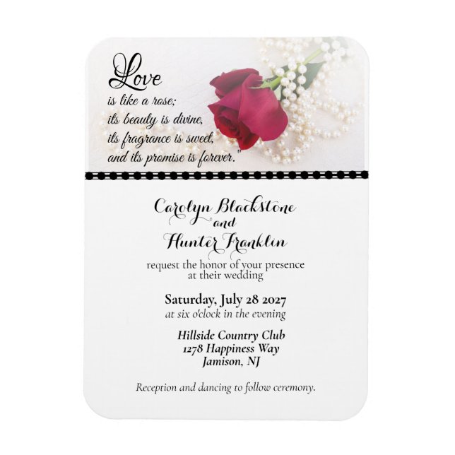 Rote Rose & Perlen Hochzeit Magnet (Vertikal)
