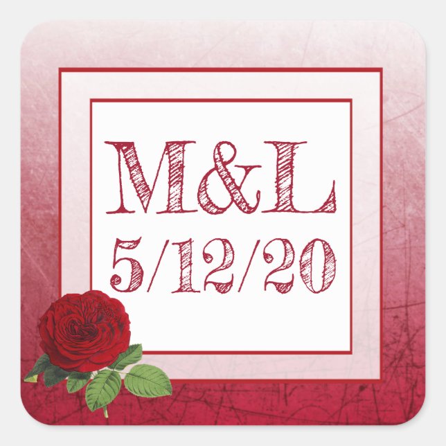 Rote Rose Personalisierte Hochzeitsticker Quadratischer Aufkleber (Vorderseite)