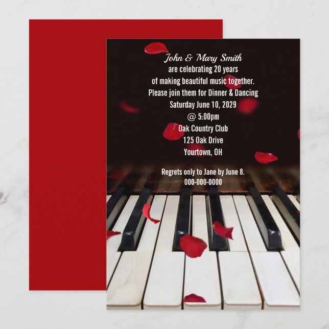 Rote Rose Petals am Piano 20. Jubiläum Einladung (Vorne/Hinten)