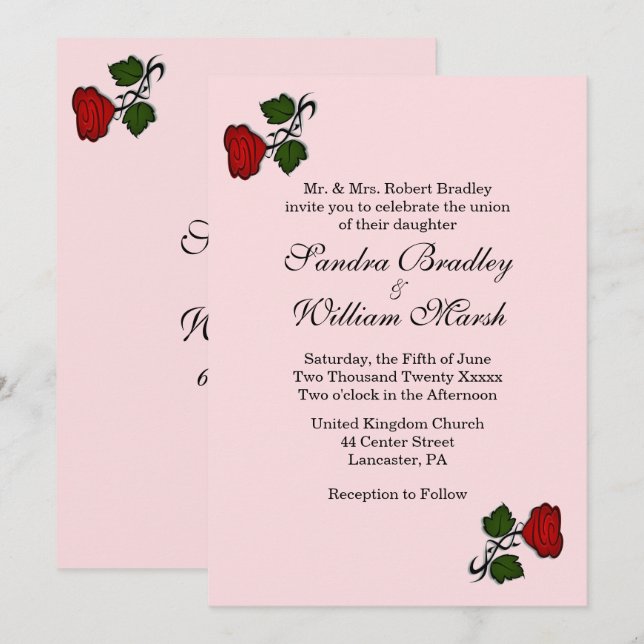 Rote Rose Pink Hochzeit Einladung (Vorne/Hinten)