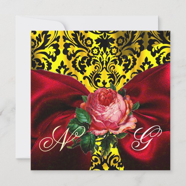 ROTE ROSE RIBBON GOLD YELLOW BLACK DAMASK MONOGRAM EINLADUNG (Vorderseite)